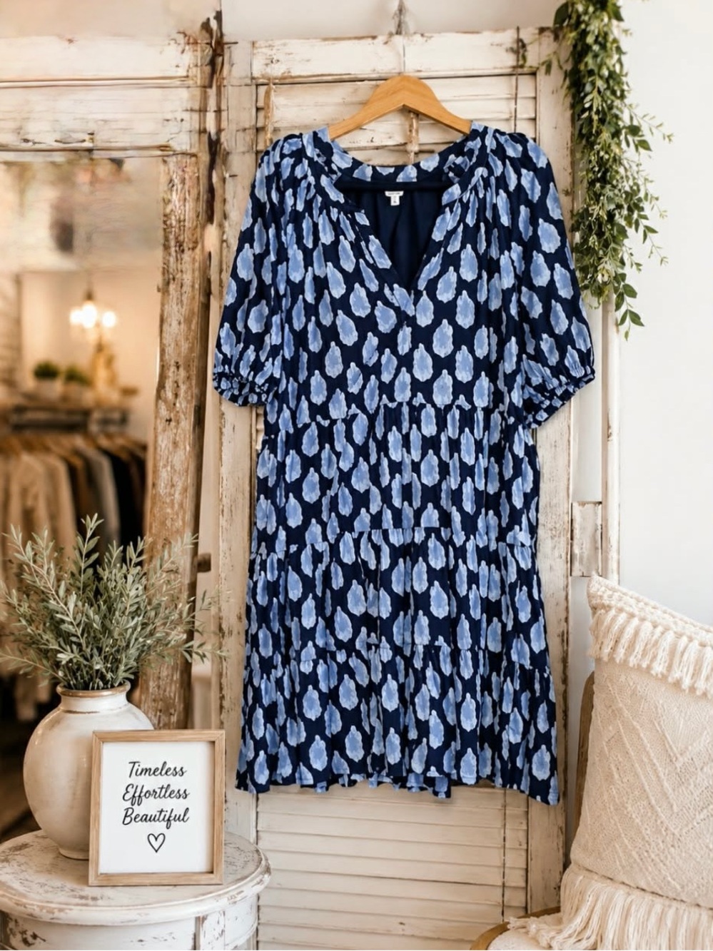 Crown & Ivy Medalion Blue Patterned V-Neck Peasant Dress- Women
